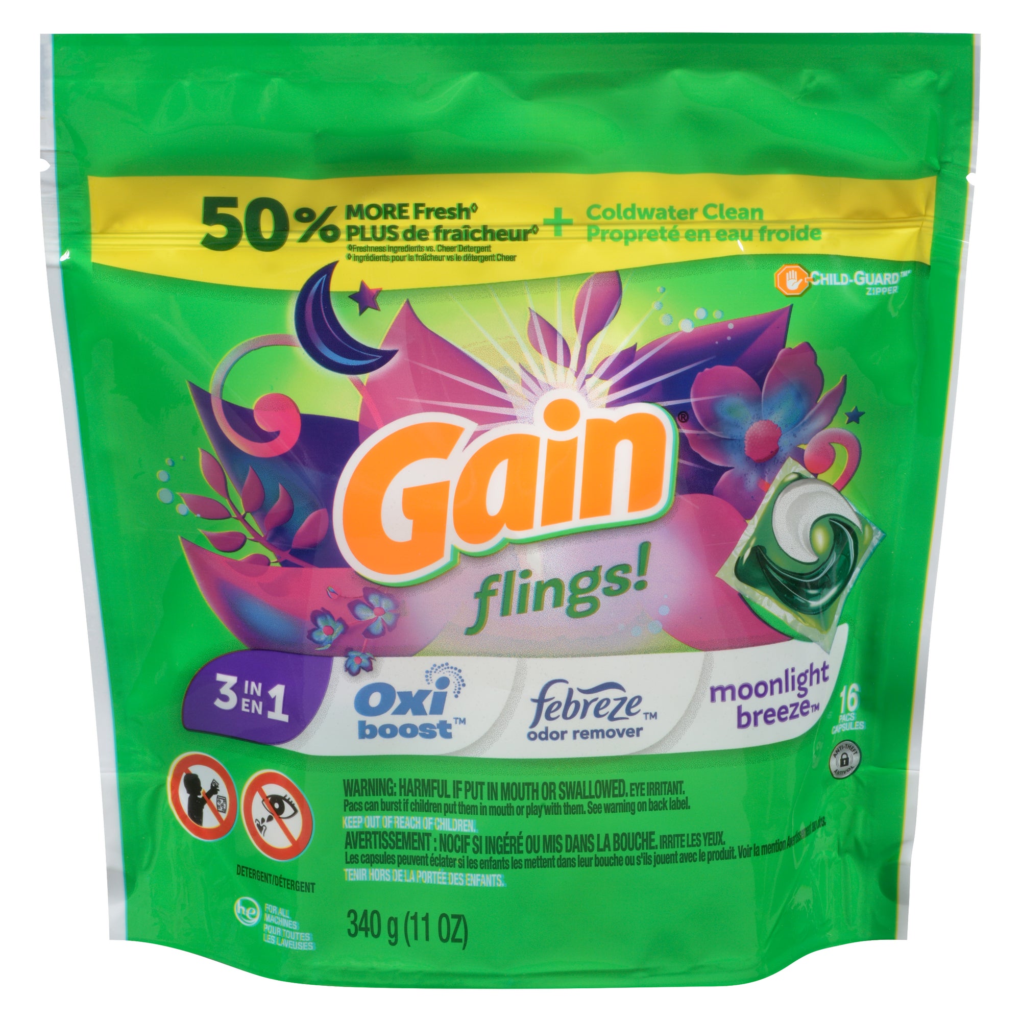 Gain Flings Moonlight Breeze 3in1 Laundry Detergent Pods, 16Pack
