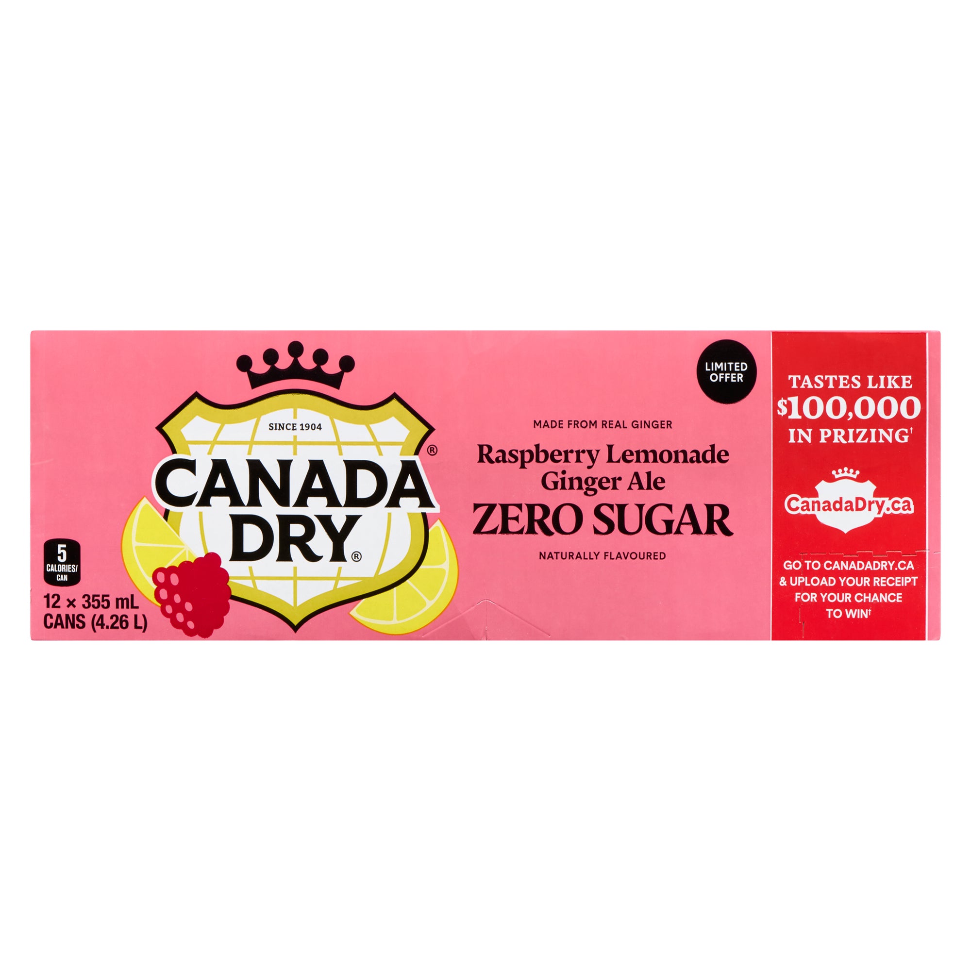 Canada Dry Zero Sugar Raspberry Lemonade Ginger Ale, 12Pack, 355 ml