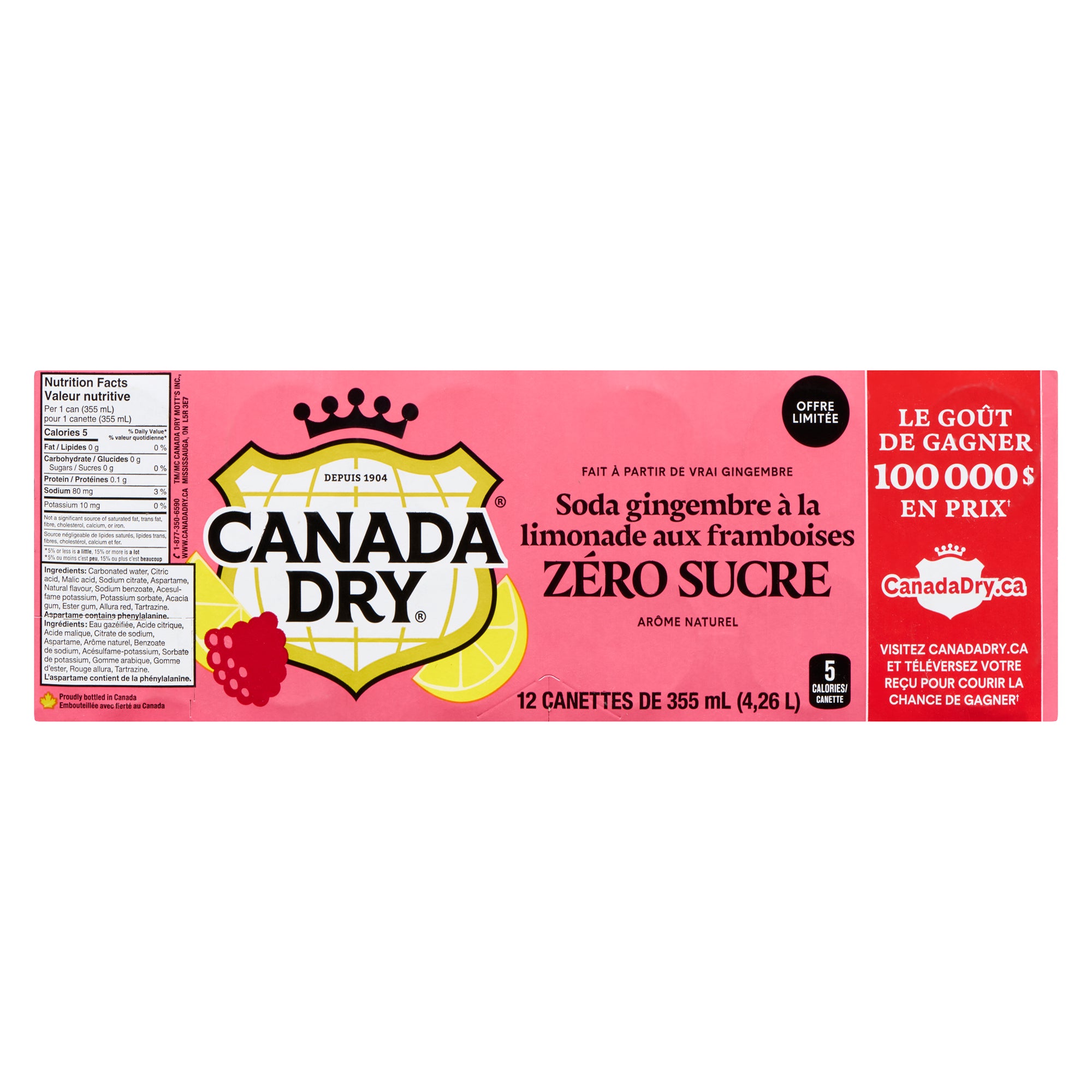 Canada Dry Zero Sugar Raspberry Lemonade Ginger Ale, 12Pack, 355 ml