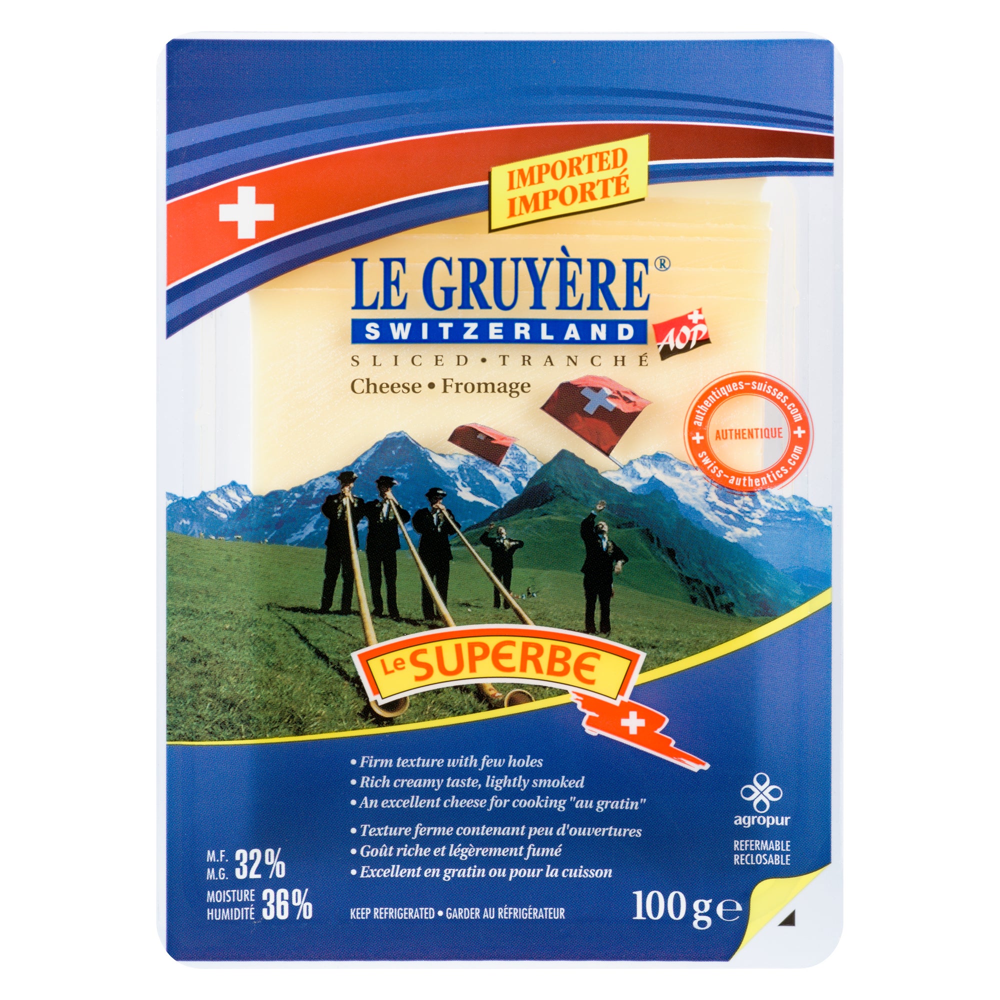 Le Superbe fromage Suisse le Gruyère AOP tranché 32 M.G., 100 g