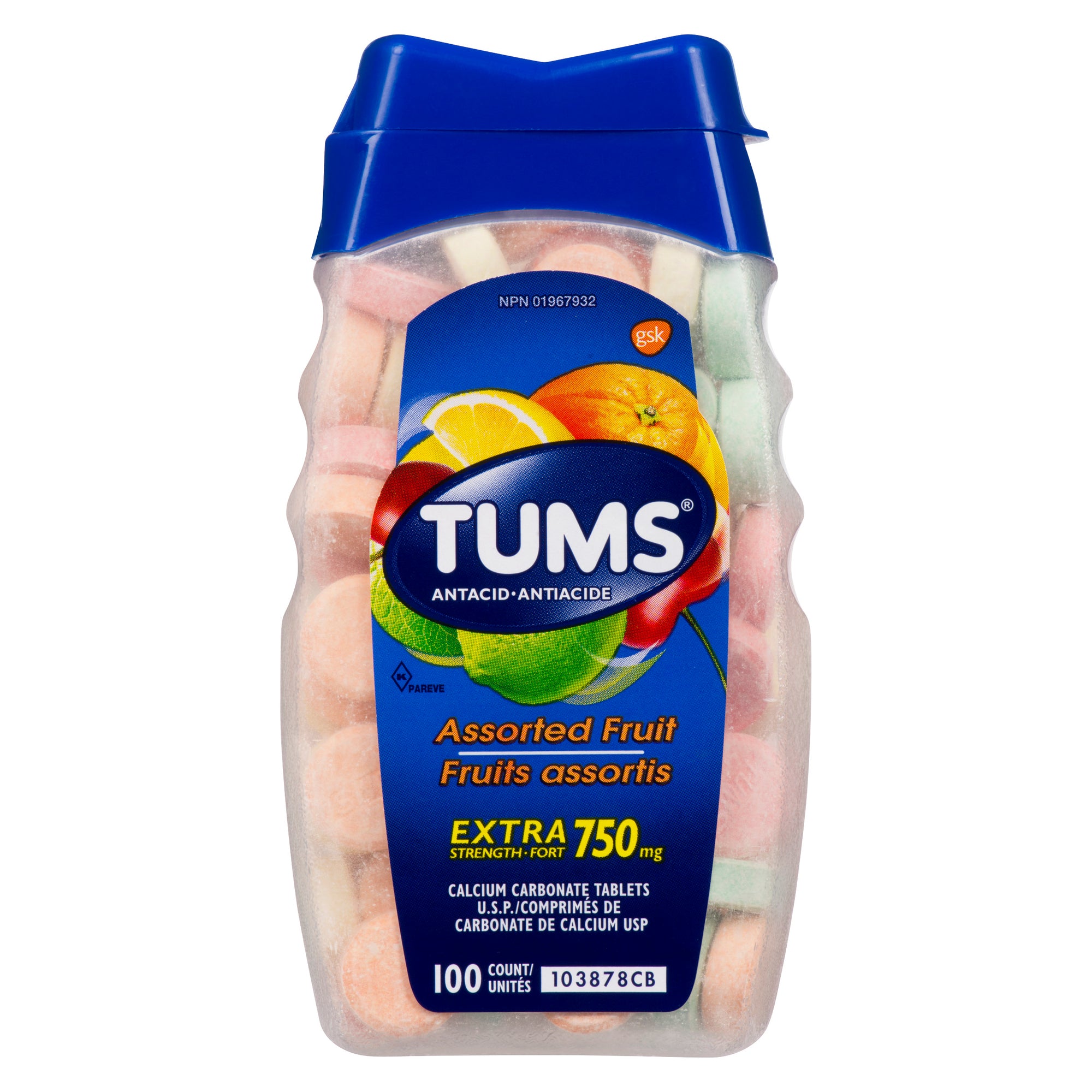 TUMS Extra Strength Assorted Fruit Antacid Tablets, 750mg, 100
