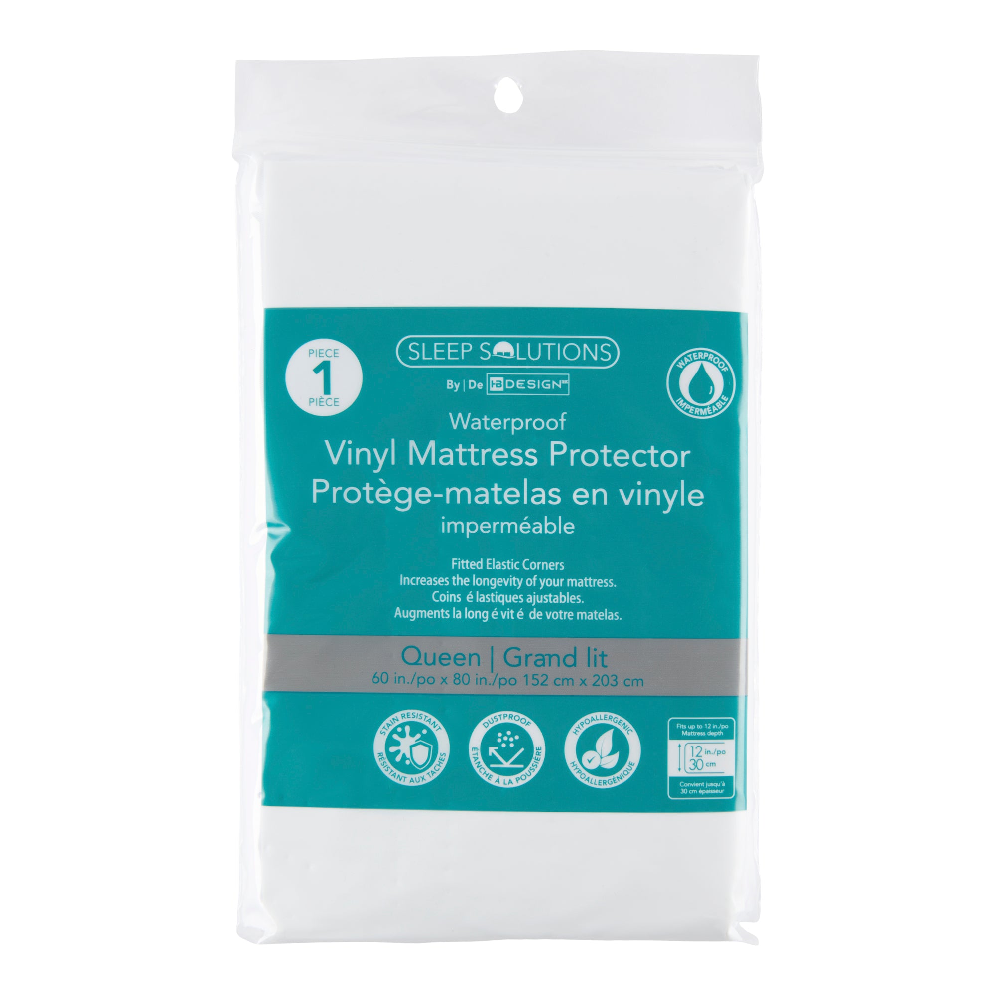 Sleep Solutions Vinyl Waterproof Mattress Protector, Queen, White