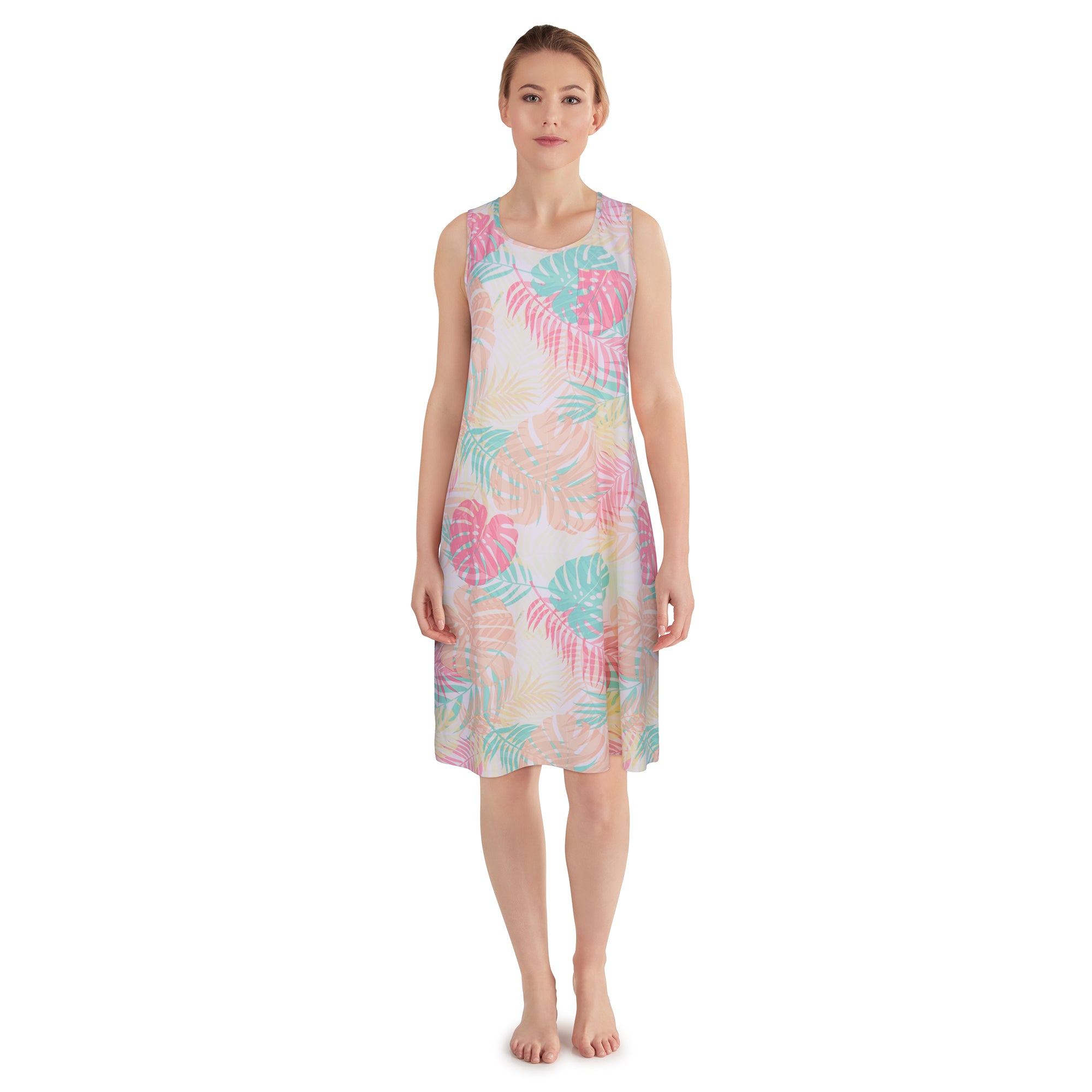 Chemise De Nuit Sans Manches. Encolure Ronde. Rayures Et Fleur Brodée