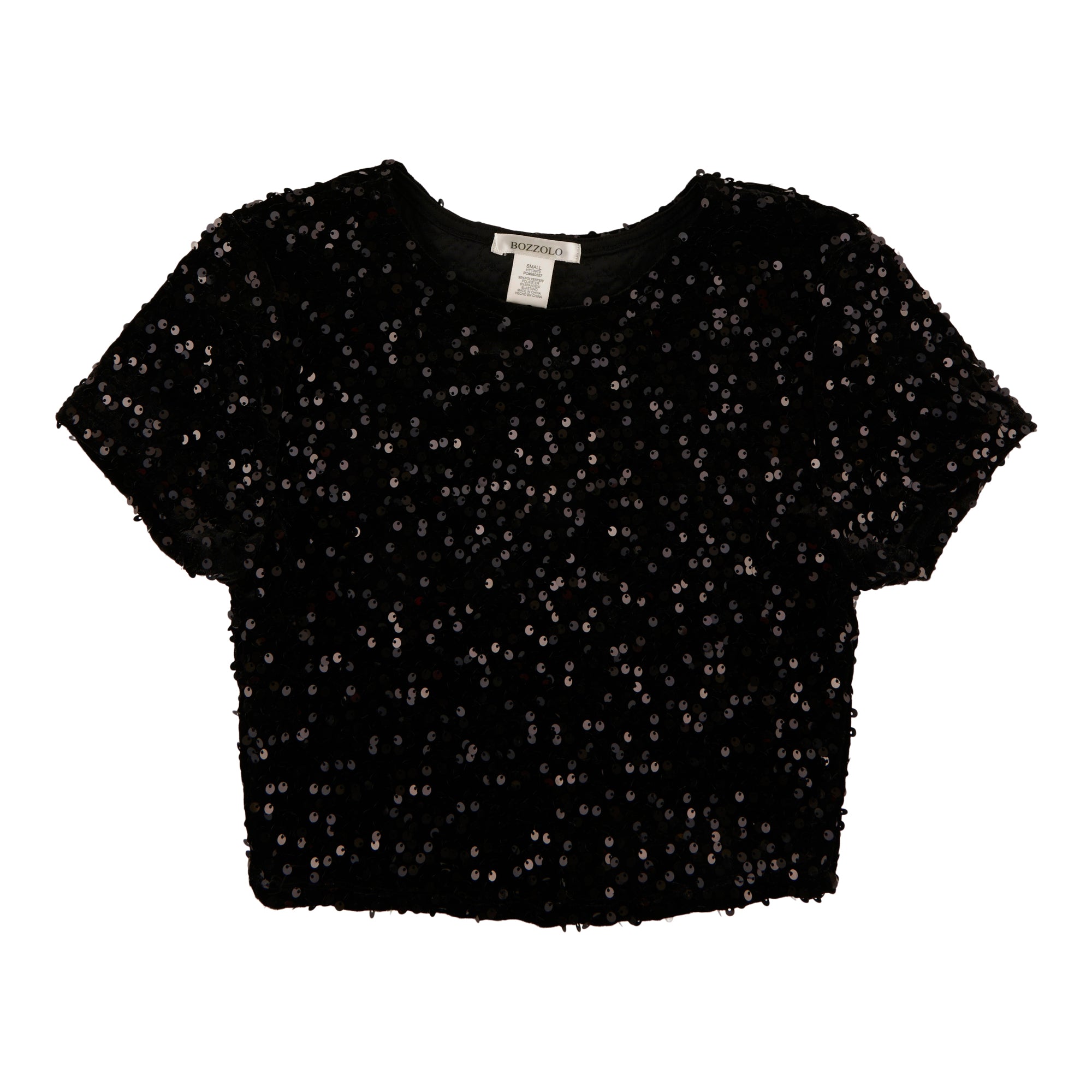 Haut court à paillettes, à col ras du cou et à manches courtes