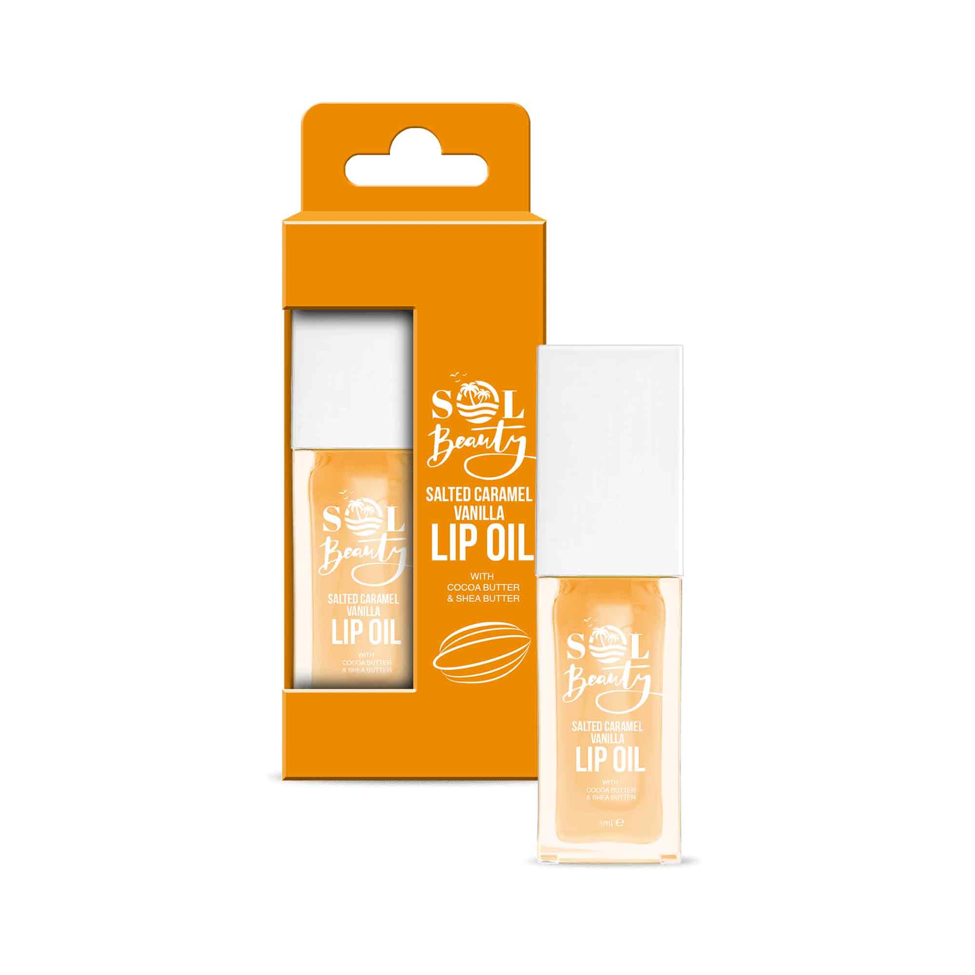 Sol Beauty Lippenöl Salted Caramel Vanille – Mit Kakaobutter & Sheabutter, Vegan, Tierversuchsfrei, Feuchtigkeitsspendend