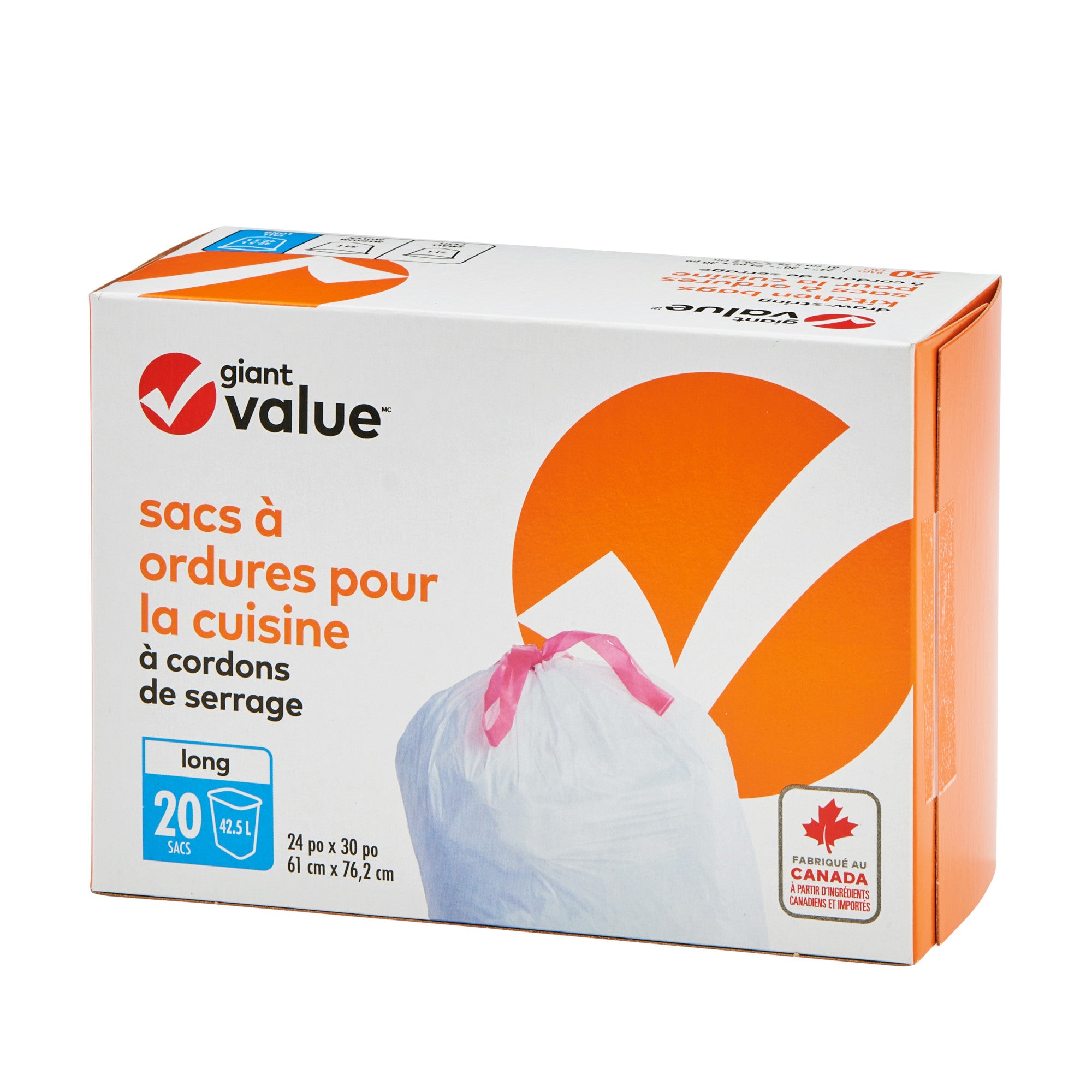 Giant Value Drawstring Kitchen Food Waste Bags, Tall, White and Red, 2