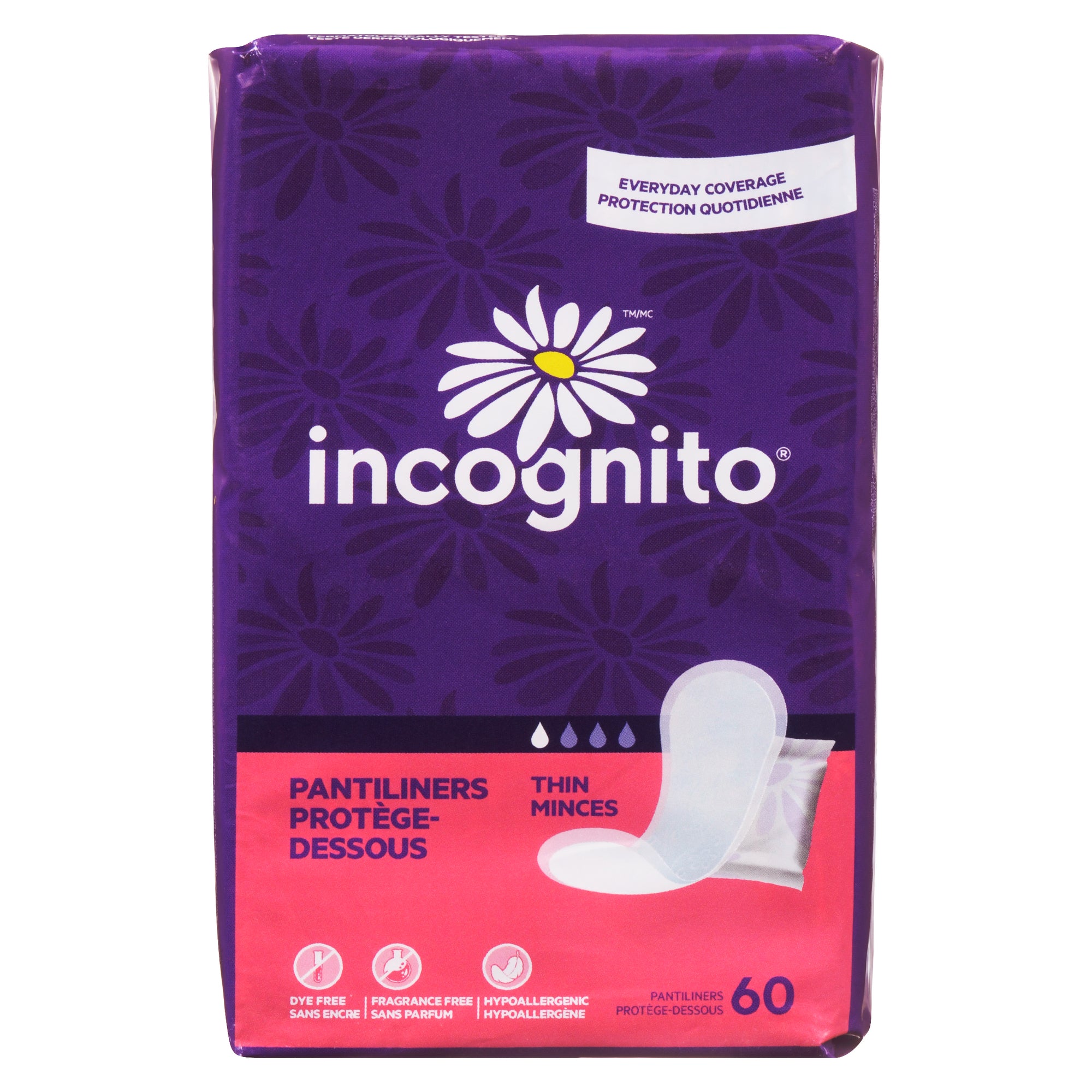 Incognito Regular PantyLiners, 60Pack Giant Tiger