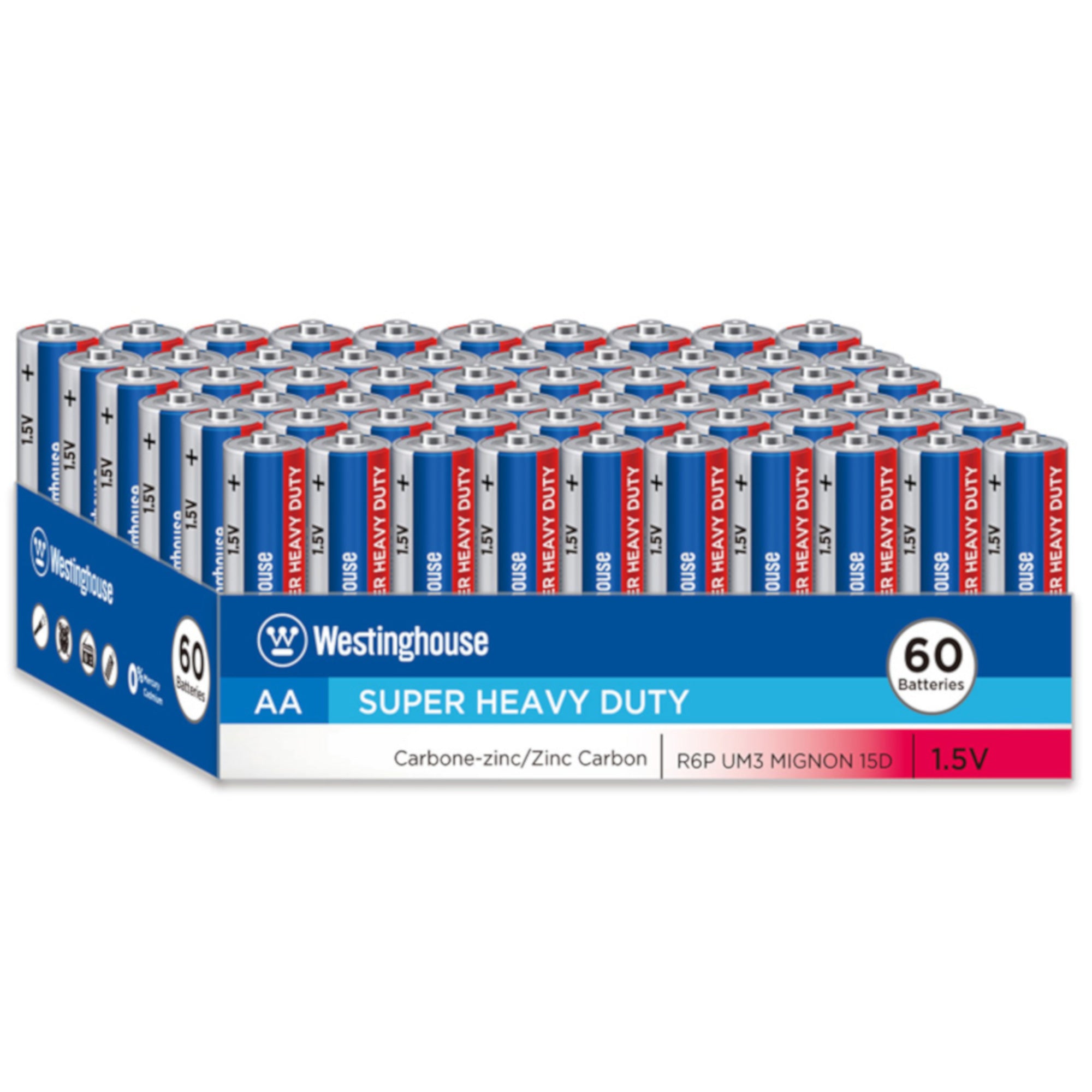 Westinghouse Super Heavy Duty Zinc Carbon AA Batteries, Multicolour, 6