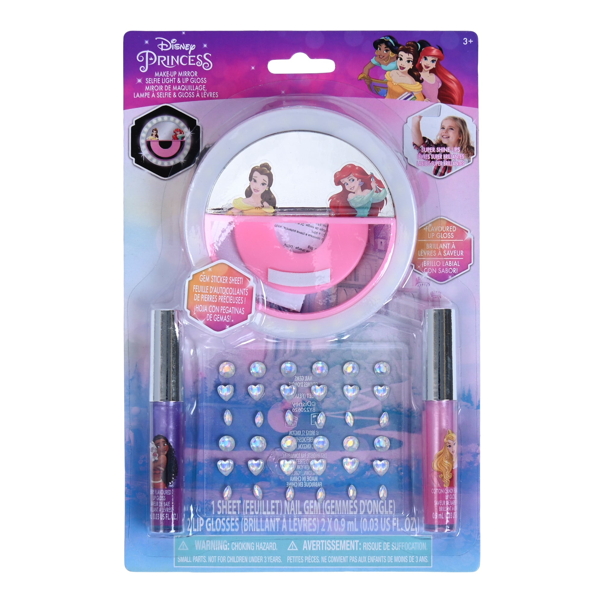Disney Princess Lip Gloss Set with Gems and Selfie Light Giant Tiger