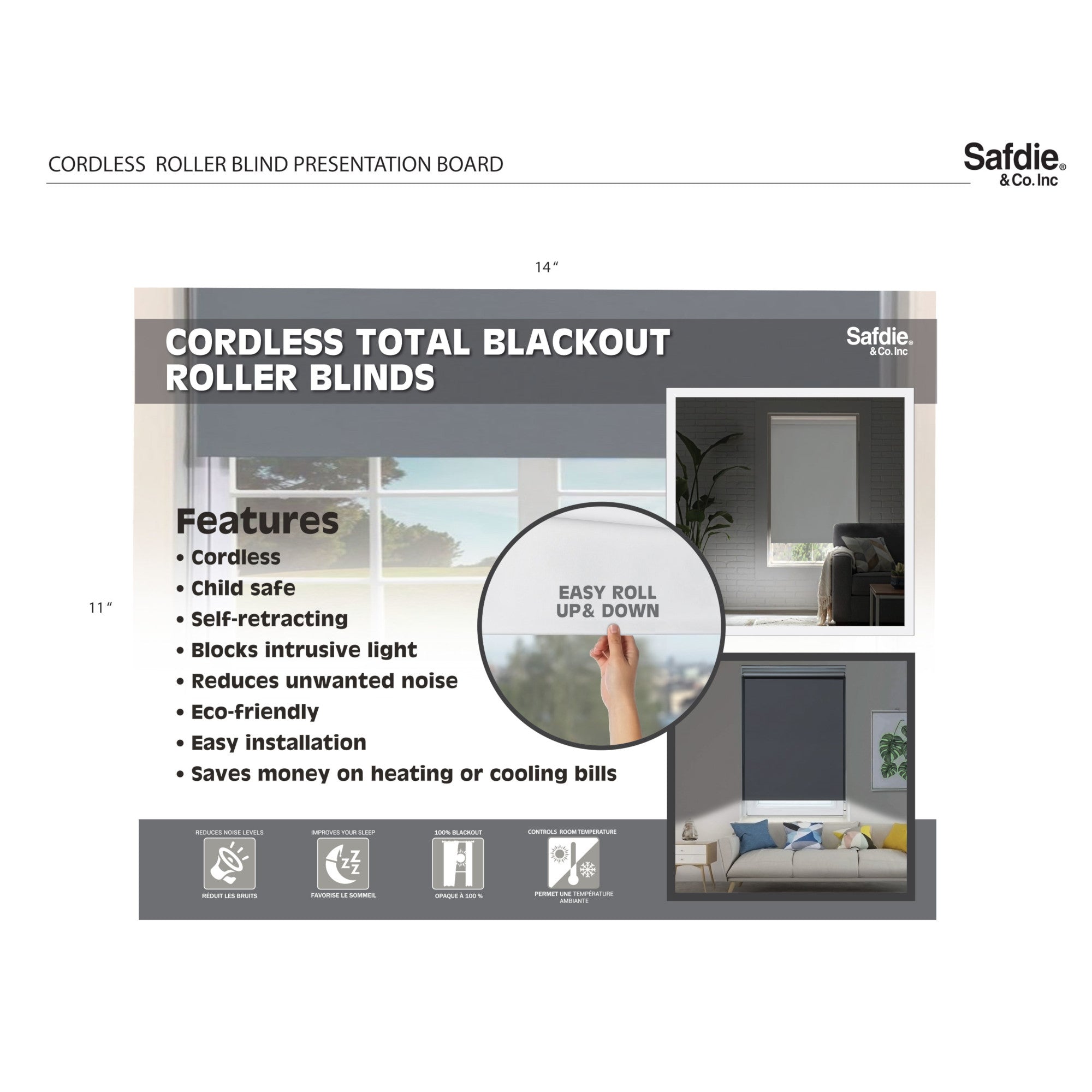 Safdie and Co Blackout Cordless with pull Blind, 72in, White, 1Pack