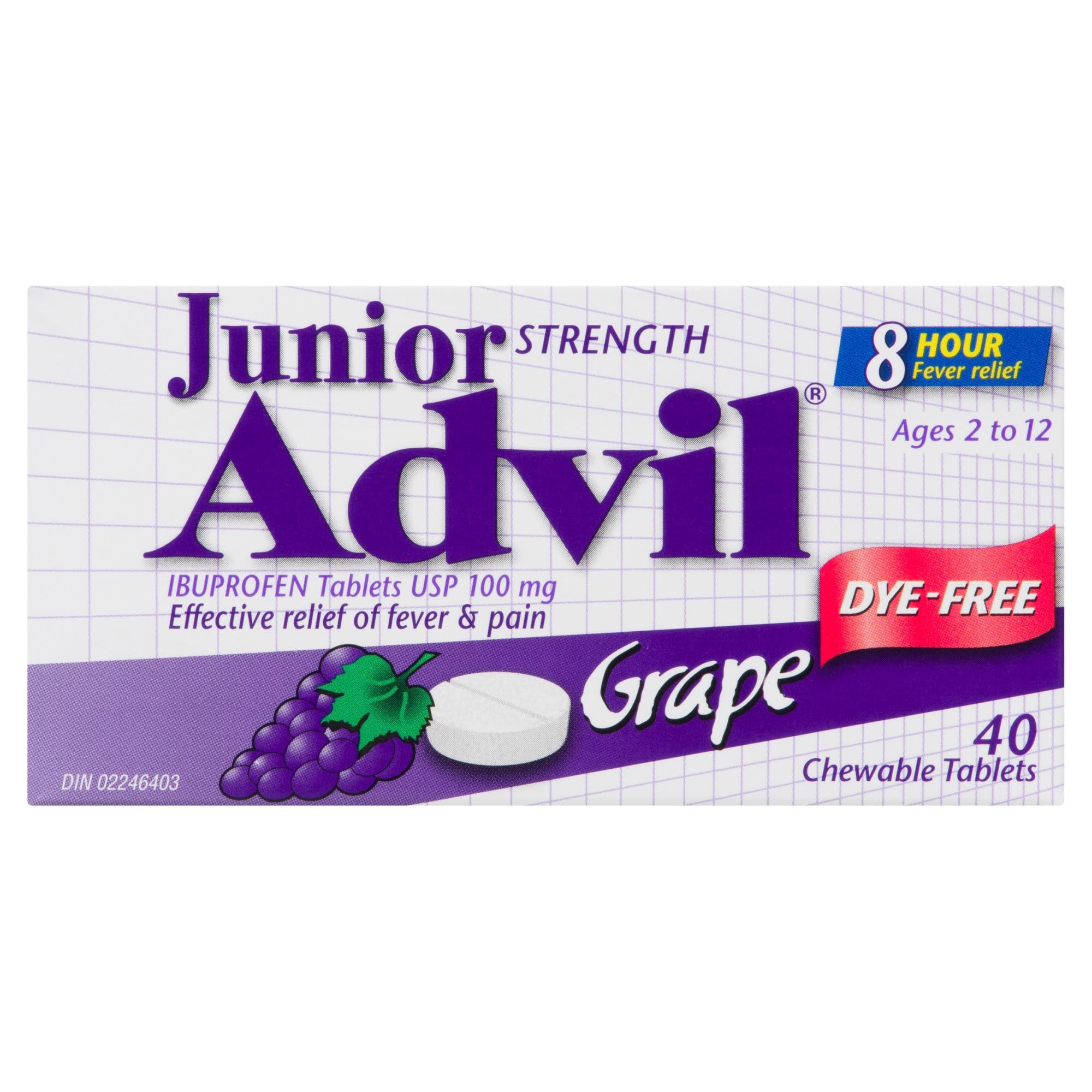 Junior Strength Advil Ibuprofen Chewable Grape Tablets USP 100mg 40