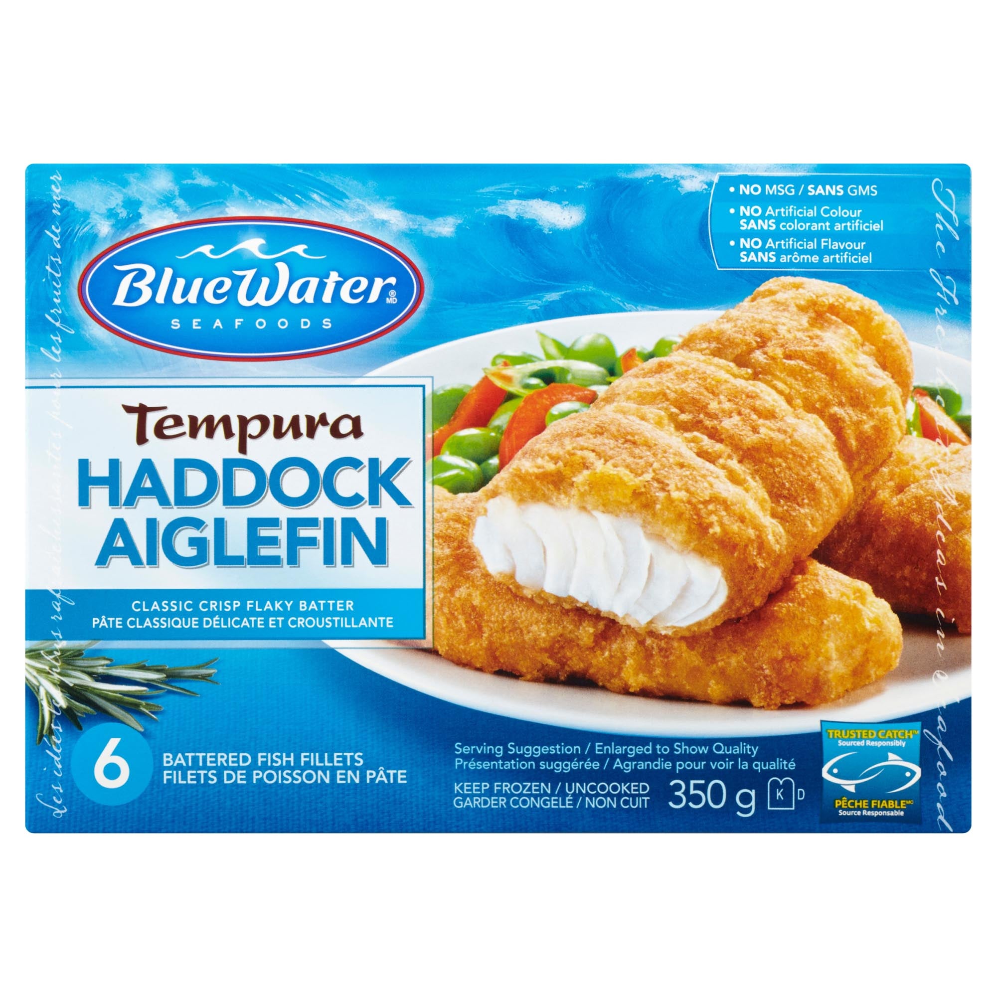 BlueWater Seafoods Tempura Haddock Battered Fish Fillets, 6Pack, 350