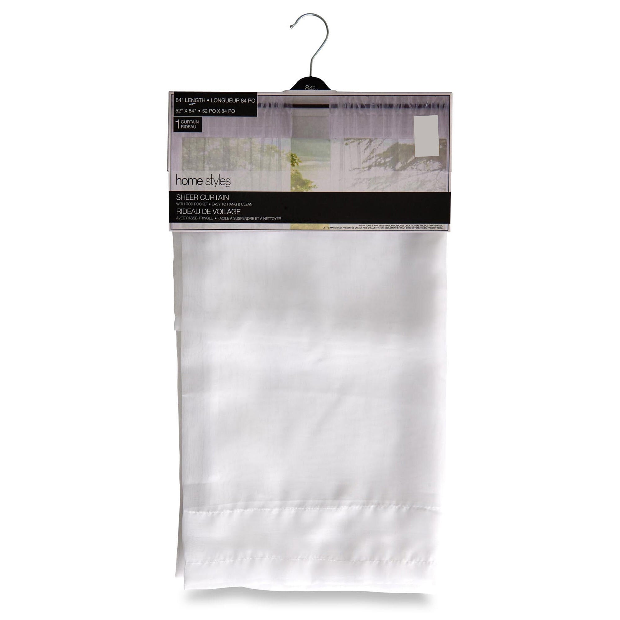 HomeStyles Sheer Curtain Panel with Rod Pocket, 96in, White, 1Pack