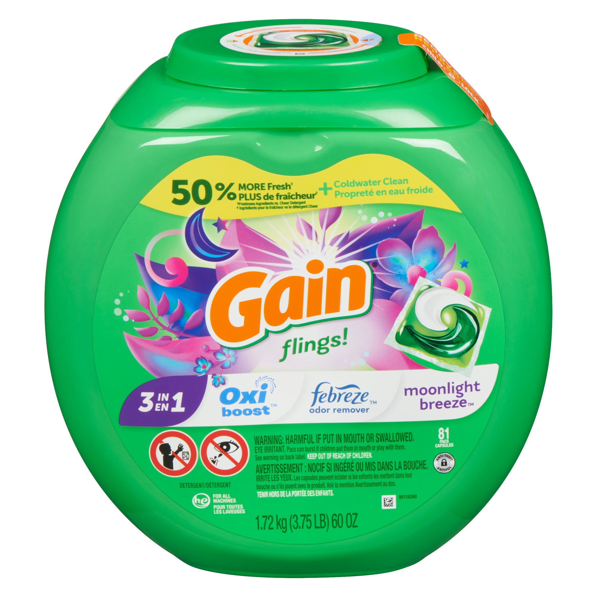Gain Flings Moonlight Breeze 3in1 Laundry Detergent Pods, 4lb, 81P