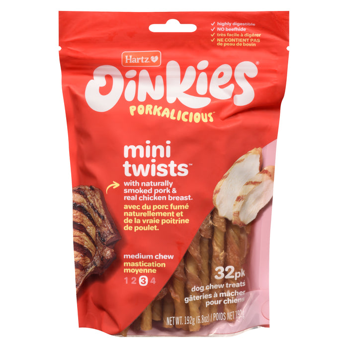 Hartz Oinkies Friandises Parfaites pour la Petite Race Canine Mini Torsades en Cuir de Porc avec le Vrai Poulet Emballage Familiare, emb de 32, 192 g