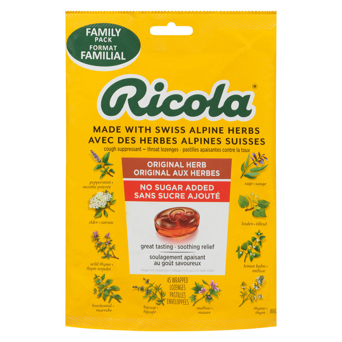 Ricola Pastilles Apaisantes Contre la Toux Original aux Herbes Sans Sucre Ajouté Format Familial, 45 Pastilles Enveloppées