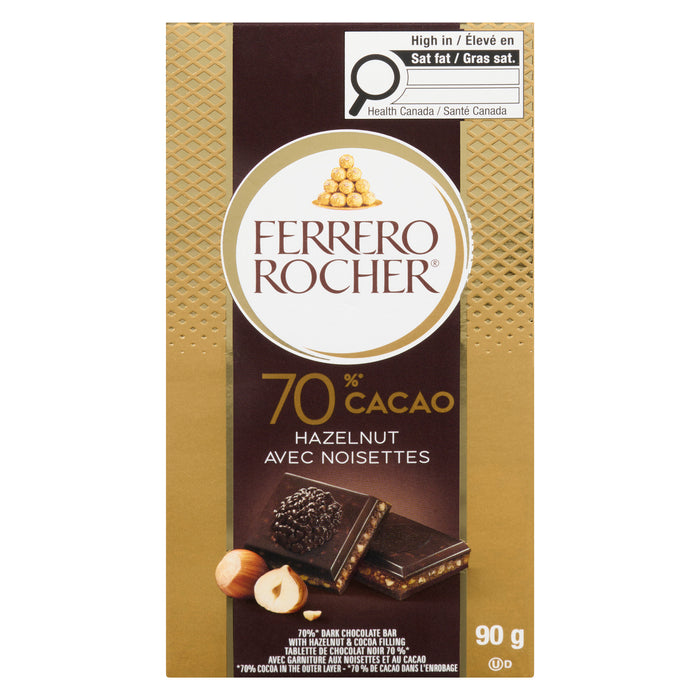 Ferrero Rocher 70% Dark Chocolate Bar with Hazelnut & Cocoa Filling, 90 g