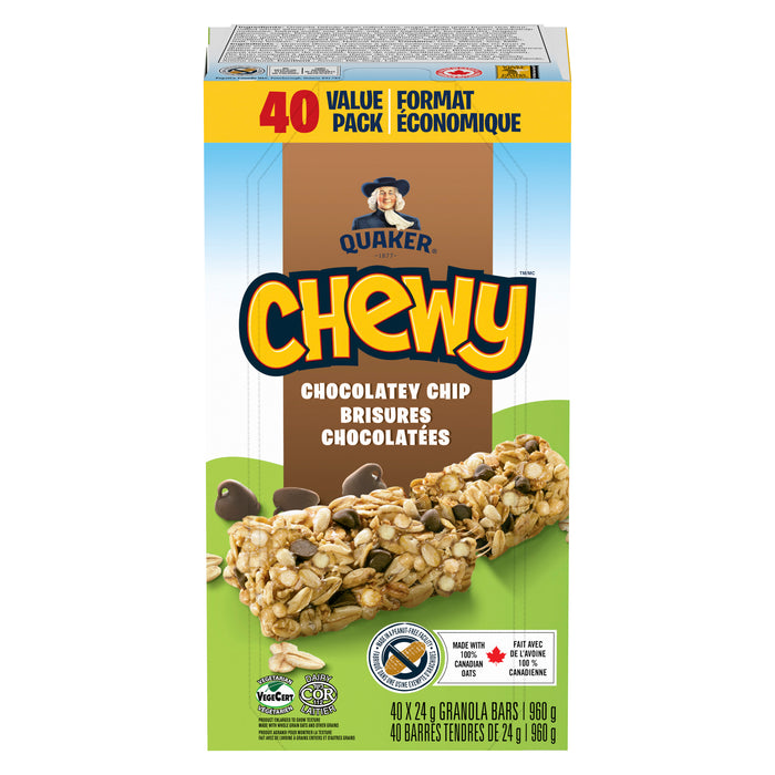 Barres tendres granola Quaker Brisures chocolatées, format économique, 40 barres, 960 g