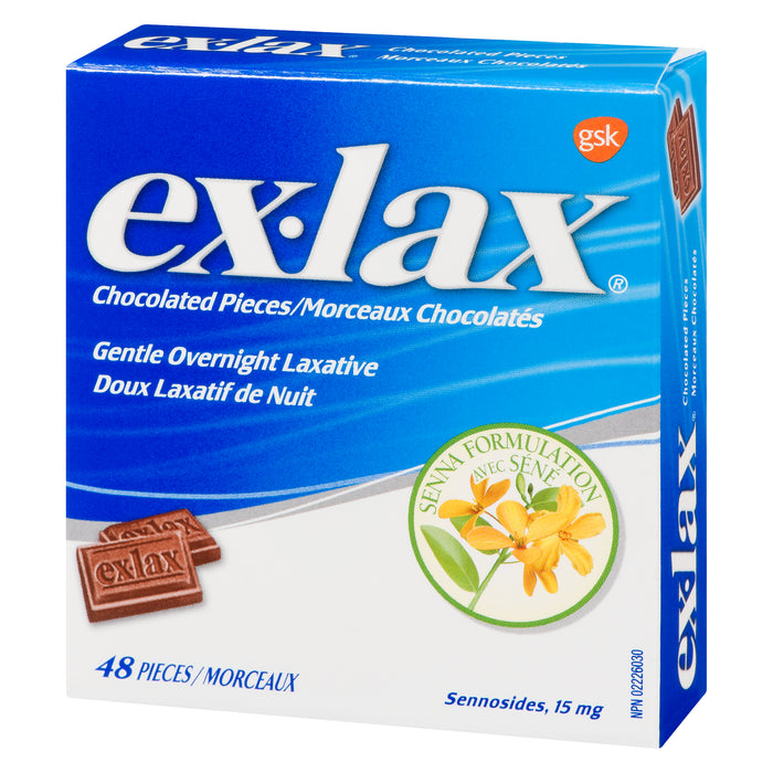 Ex-Lax Doux Laxatif de Nuit Sennosides, 15 mg Morceaux Chocolatés, 48 Morceaux
