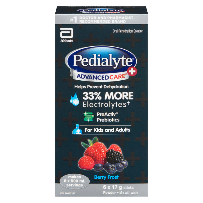 Pedialyte Advanced Care + Solution de Réhydratation Orale Poudre Baies Givrées Bâtonnets, emb. de 6, 17 g