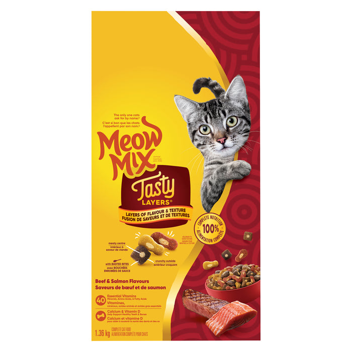 Meow Mix Tasty Layers Nourriture Seche pour Chats Boeuf et Saumon, 1.36 kg