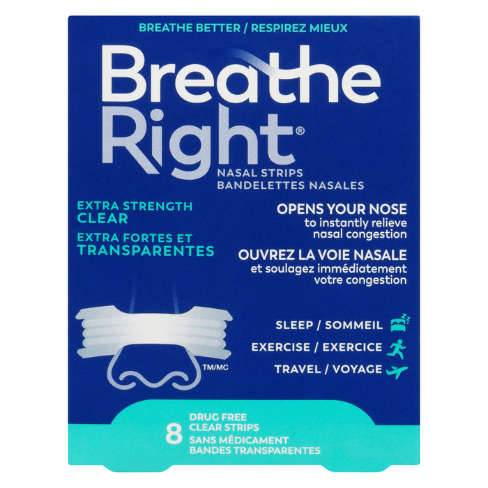 Breathe Right bandelettes nasales extra transparent, emballage de 8