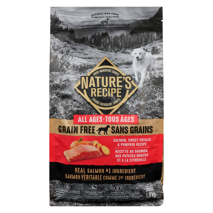 Nature’s Recipe Grain Free Natural Dog Food All Ages Salmon, Sweet Potato & Pumpkin Recipe, 1.8 kg