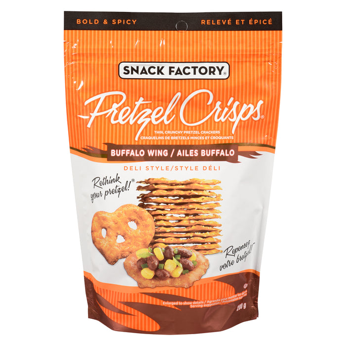 Snack Factory Pretzel Crisps Craquelins de Bretzels Minces et Croquants Relevé et Épicé Ailes Buffalo Style Déli, 200 g