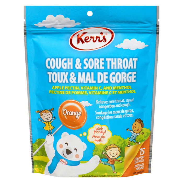 Kerr's Cough & Sore Throat Orange Lollypop Lozenges, 15-Pack
