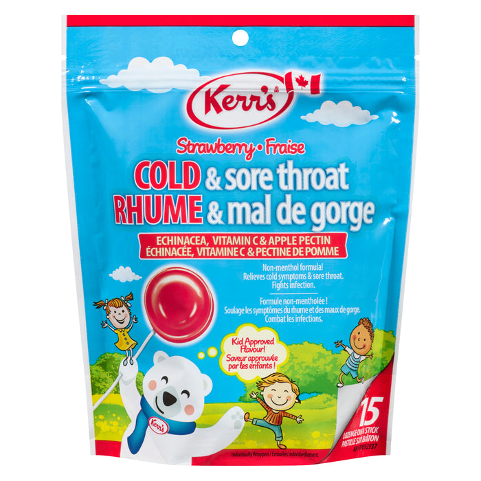 Kerr's Cold & Sore Throat Strawberry Lollypop Lozenges, 15-Pack