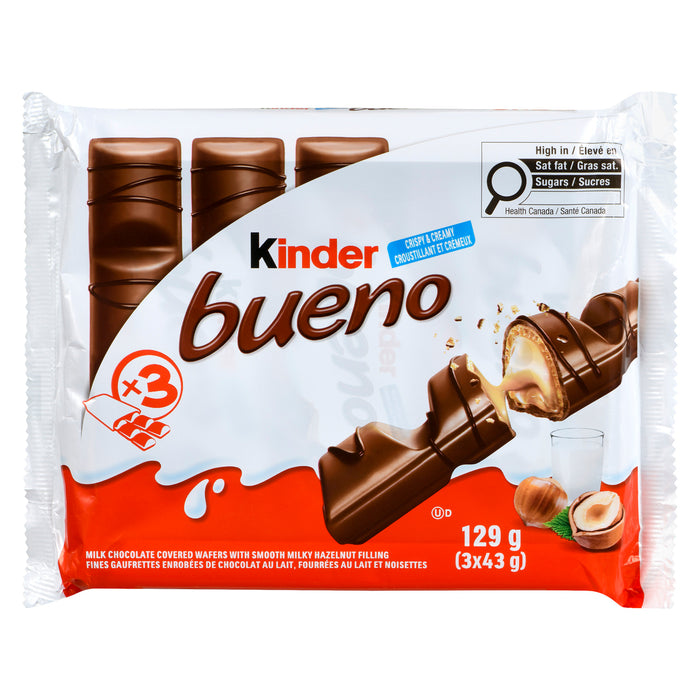 Kinder Bueno Milk Chocolate Covered Wafers with Smooth Milky Hazelnut Filling, 3-Pack, 129 g
