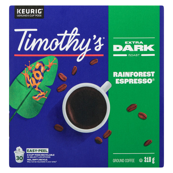 Timothy's Ground Coffee Extra Dark Roast Rainforest Espresso, 30-Pack, 318 g