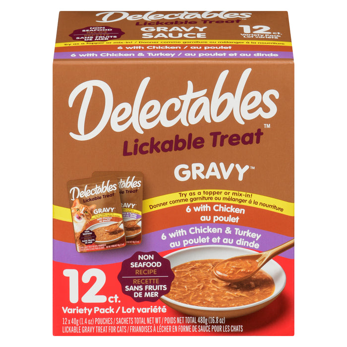 Delectables Gravy Friandises à Lécher en Forme de Sauce pour les Chats Recette Sans Fruits de Mer Lot Variété, emb. de 12, 480 g