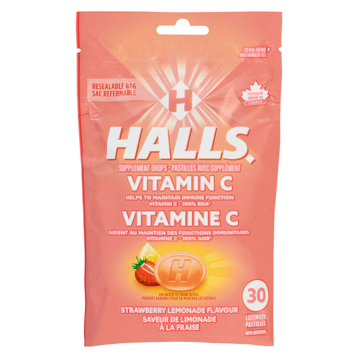 Halls Vitamin C Supplement Drops Strawberry Lemonade Flavour, 30 Lozenges