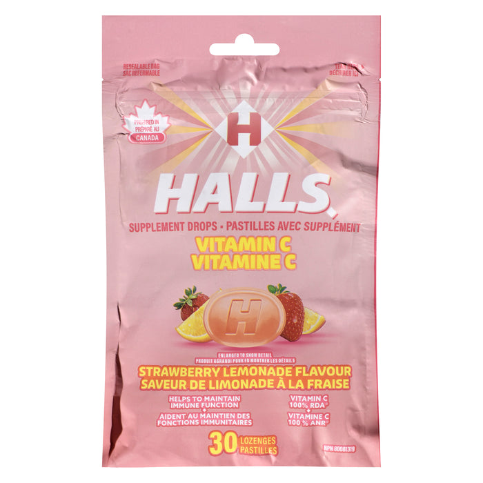 Halls Vitamin C Supplement Drops Strawberry Lemonade Flavour, 30 Lozenges