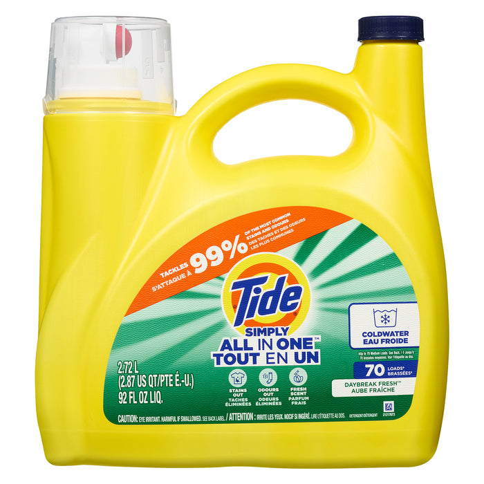 Détergent à lessive liquide Tide Simply Tout-en-un, Aube fraîche, 2.72 L