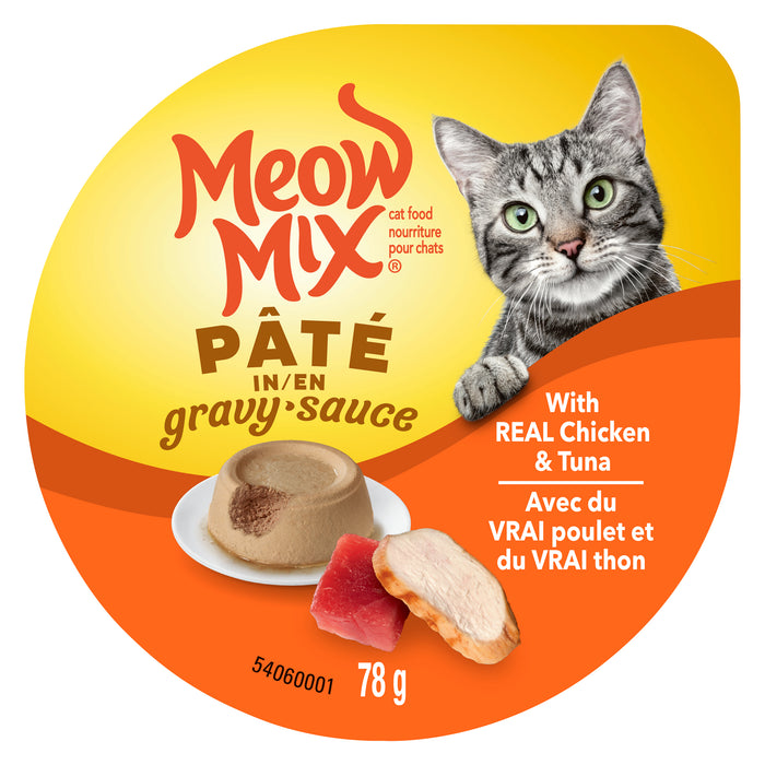 Meow Mix Cat Food Pâté in Gravy with Real Chicken & Tuna, 78-g