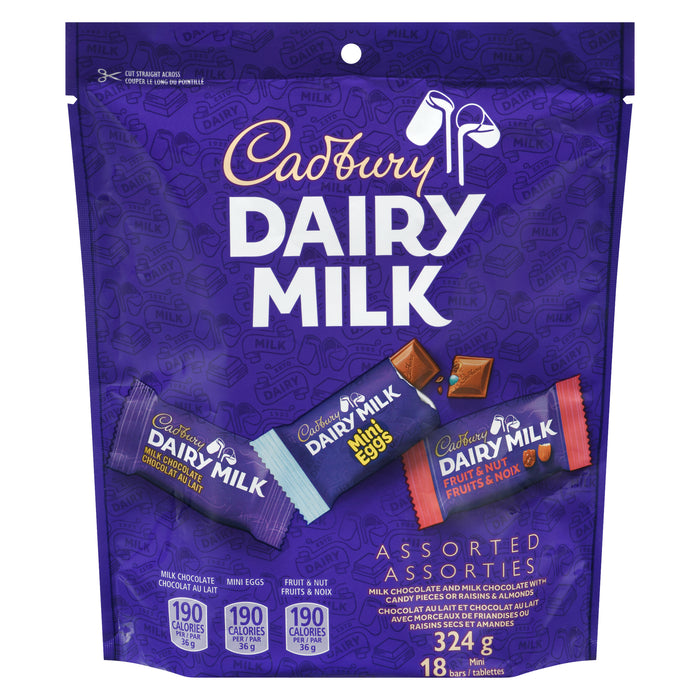 Cadbury Dairy Milk Chocolat au Lait et Chocolat au Lait avec Morceaux de Friandises ou Raisins Secs et Amandes, emb. de 18, 324 g