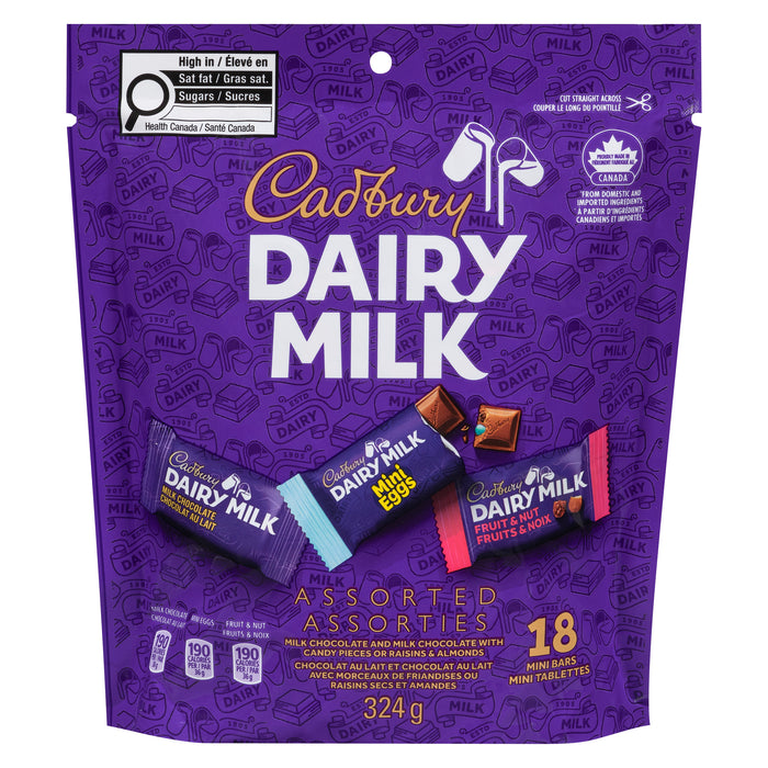Cadbury Dairy Milk Chocolate and Milk Chocolate with Candy Pieces or Raisins & Almonds, 18-Pack, 324 g