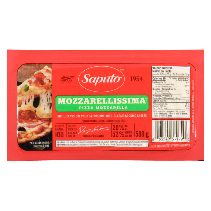 Saputo Mozzarellissima Pizza Mozzarella Cheese 20 % M.F., 500 g