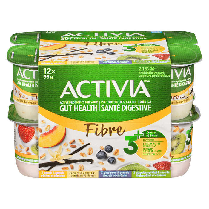 Activia Probiotic Yogurt Peach & Cereals Vanilla & Cereals Blueberry & Cereals Strawberry-Kiwi & Cereals 2.1% M.F., 12-Pack, 95 g