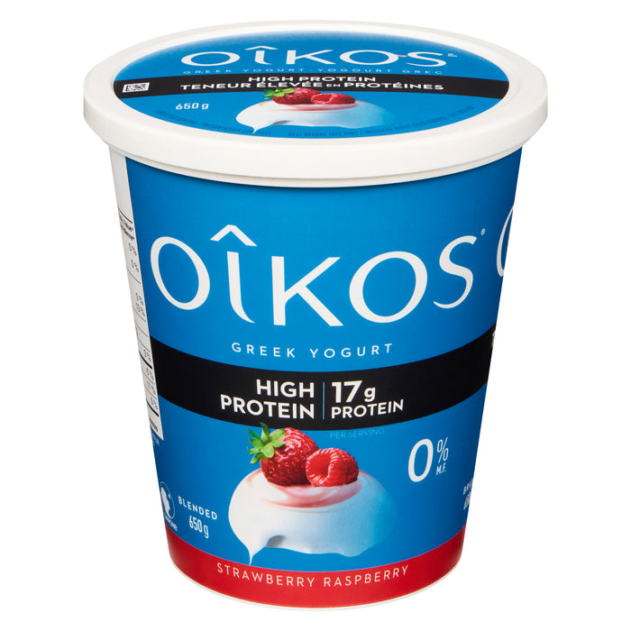Oikos Greek Yogurt Strawberry Raspberry 0 % M.F., 650 g