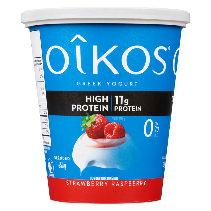Oikos Greek Yogurt Strawberry Raspberry 0 % M.F., 650 g