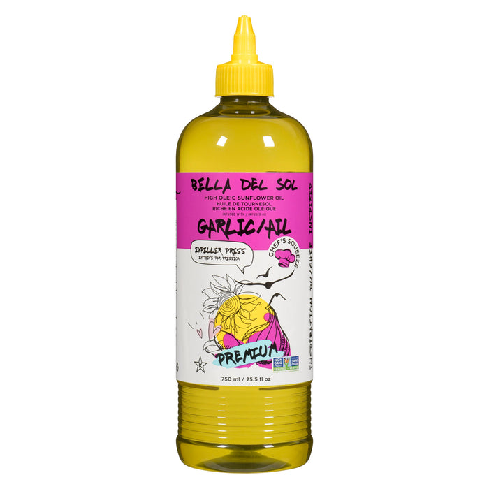 Huile de tournesol riche en acide oléique infusée à l'ail Bella Del Sol, 750 ml