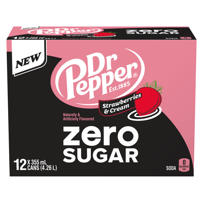 Dr Pepper Soda Zero Sugar Strawberries & Cream, 12-Pack, 355 ml