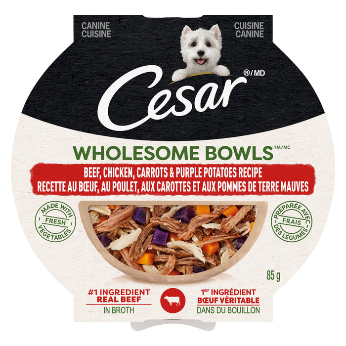 Nourriture humide pour chiens recette au bœuf, au poulet, aux carottes et aux pommes de terre mauves Cesar Wholesome Bowls, 85 g