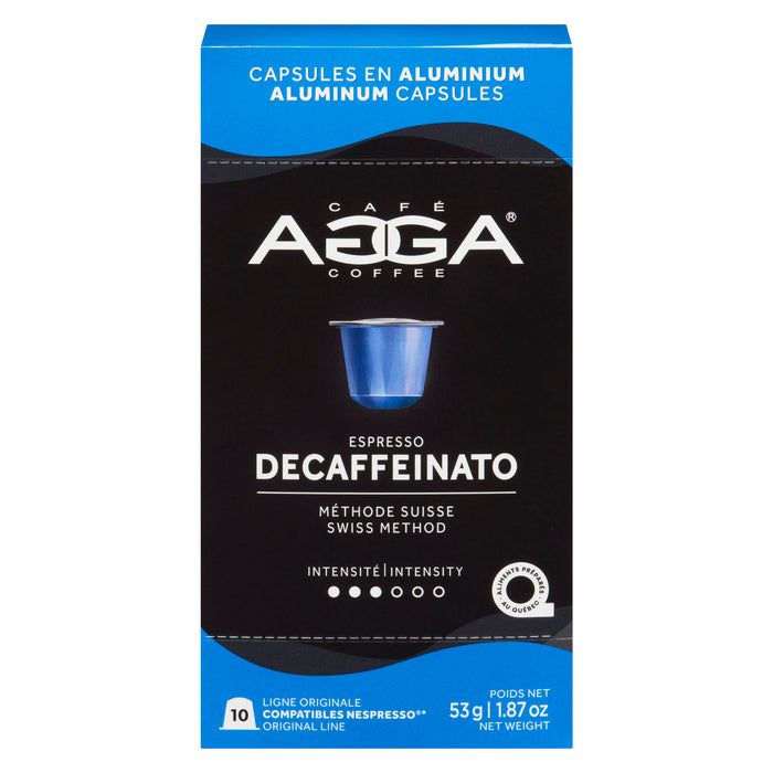 Capsules en aluminium de café décaféiné de torréfaction moyenne Decaffeinato Café AGGA, 53 g, 10 capsules
