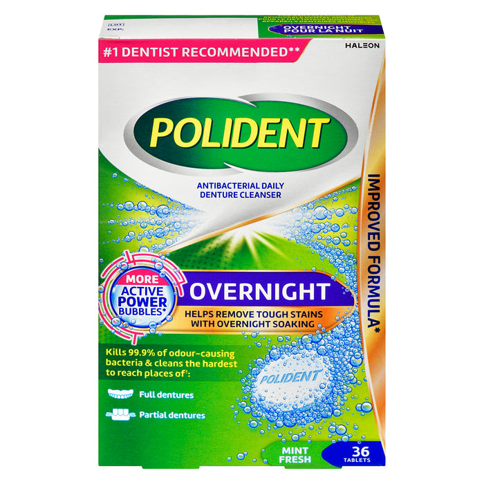 Polident Nettoyant Quotidien Antibactérien pour Prothèses Dentaires pour la Nuit Fraîcheur de Menthe, 36 Comprimés