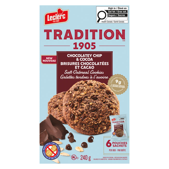 Galettes tendres à l'avoine brisures chocolatées et cacao Tradition Leclerc, 240 g