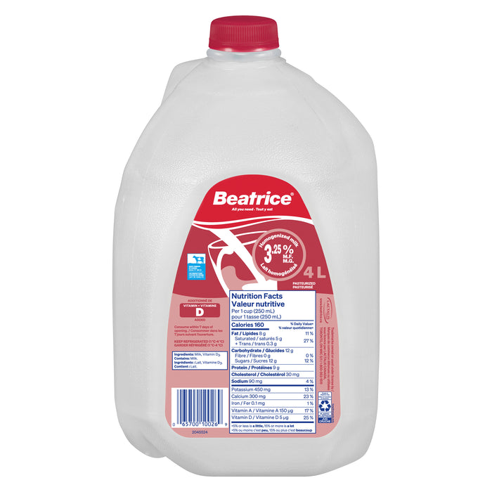 Lait homogénéisé à 3,25 % M.G. Beatrice – 4 L